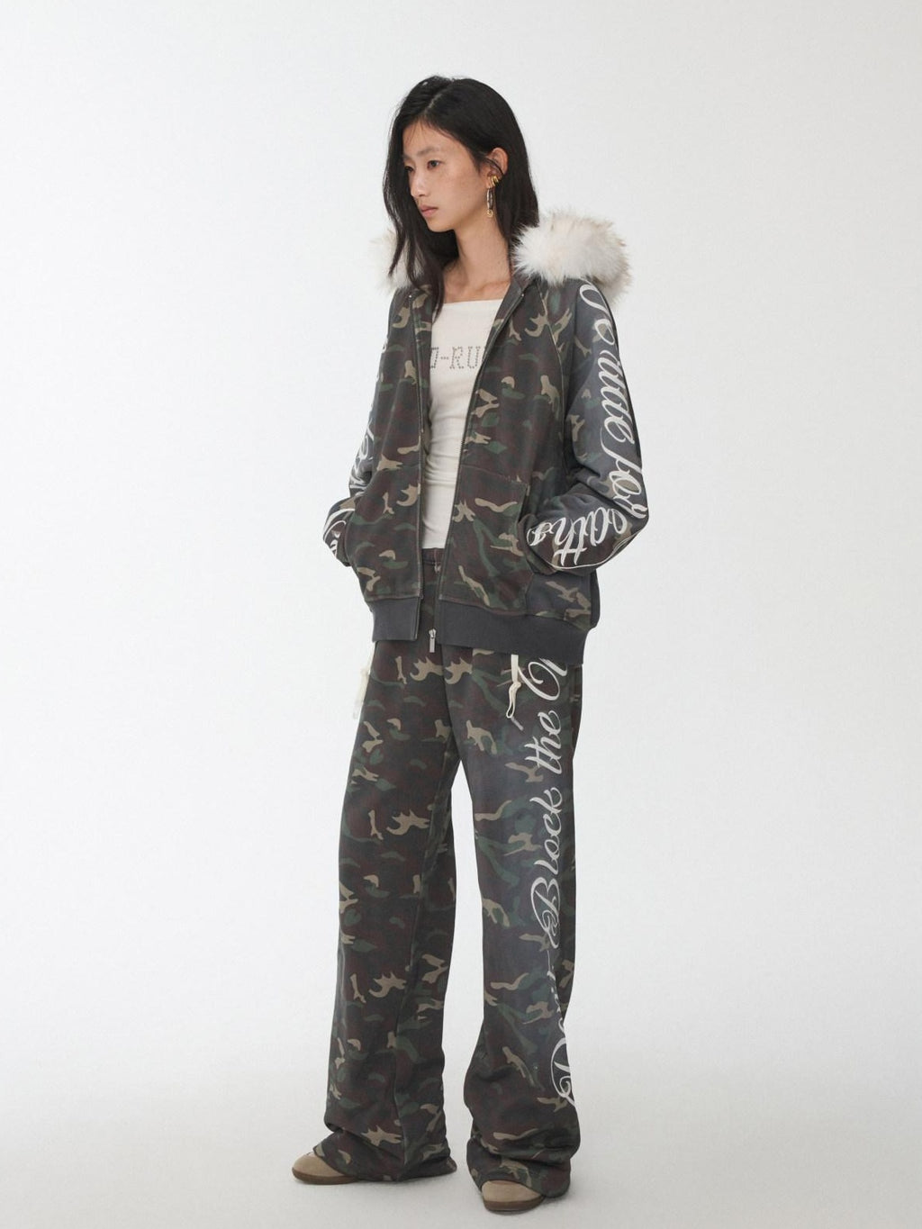 1JINN STUDIO Camouflage Embroidered Cotton Casual Long Sleeve Long Pants Top & Pants Sets