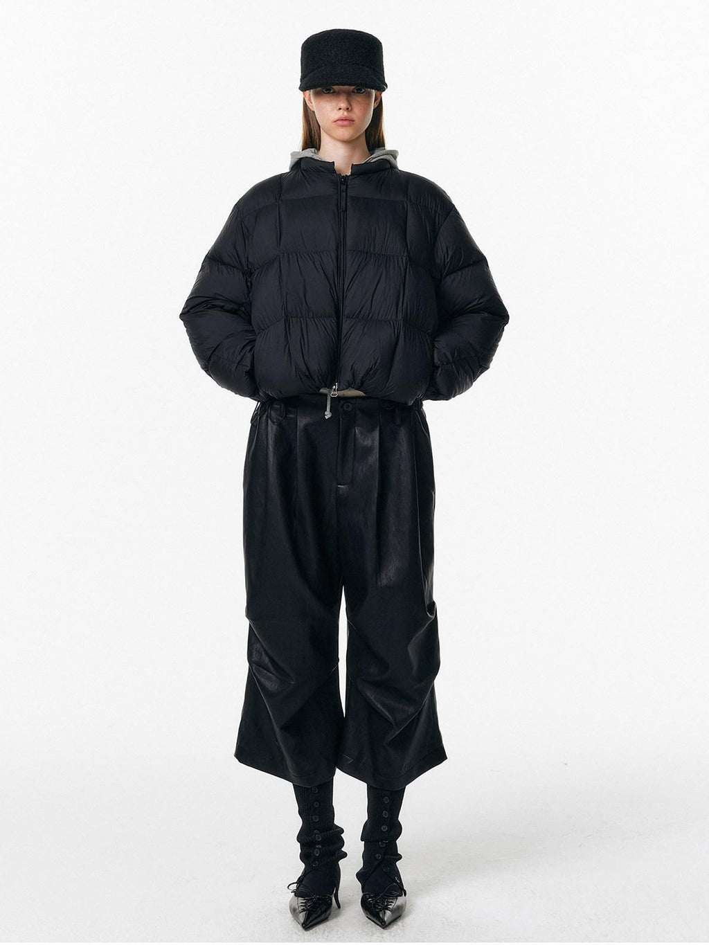 ALINNVSTUDIO Pu Pleated Low Waist Button Fly Irregular Fold Casual Women Black Wide Leg Pants