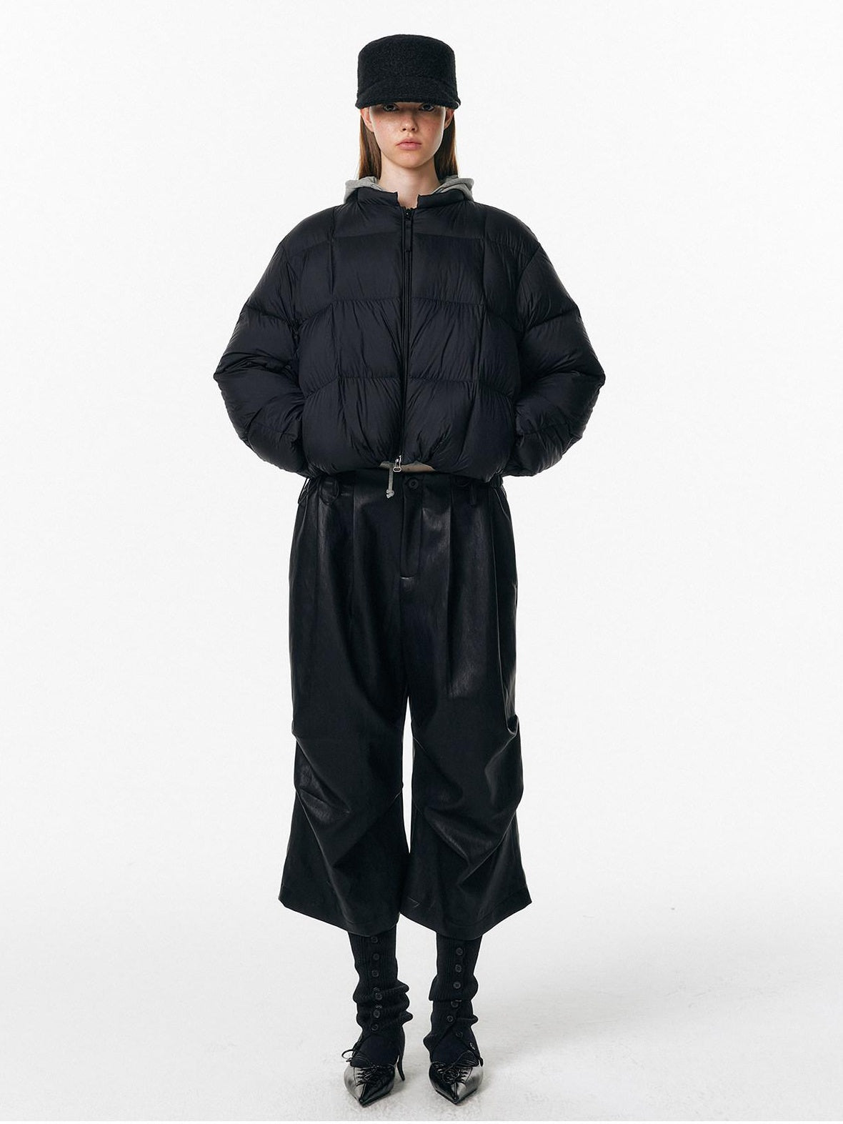 ALINNVSTUDIO Pu Pleated Low Waist Button Fly Irregular Fold Casual Women Black Wide Leg Pants