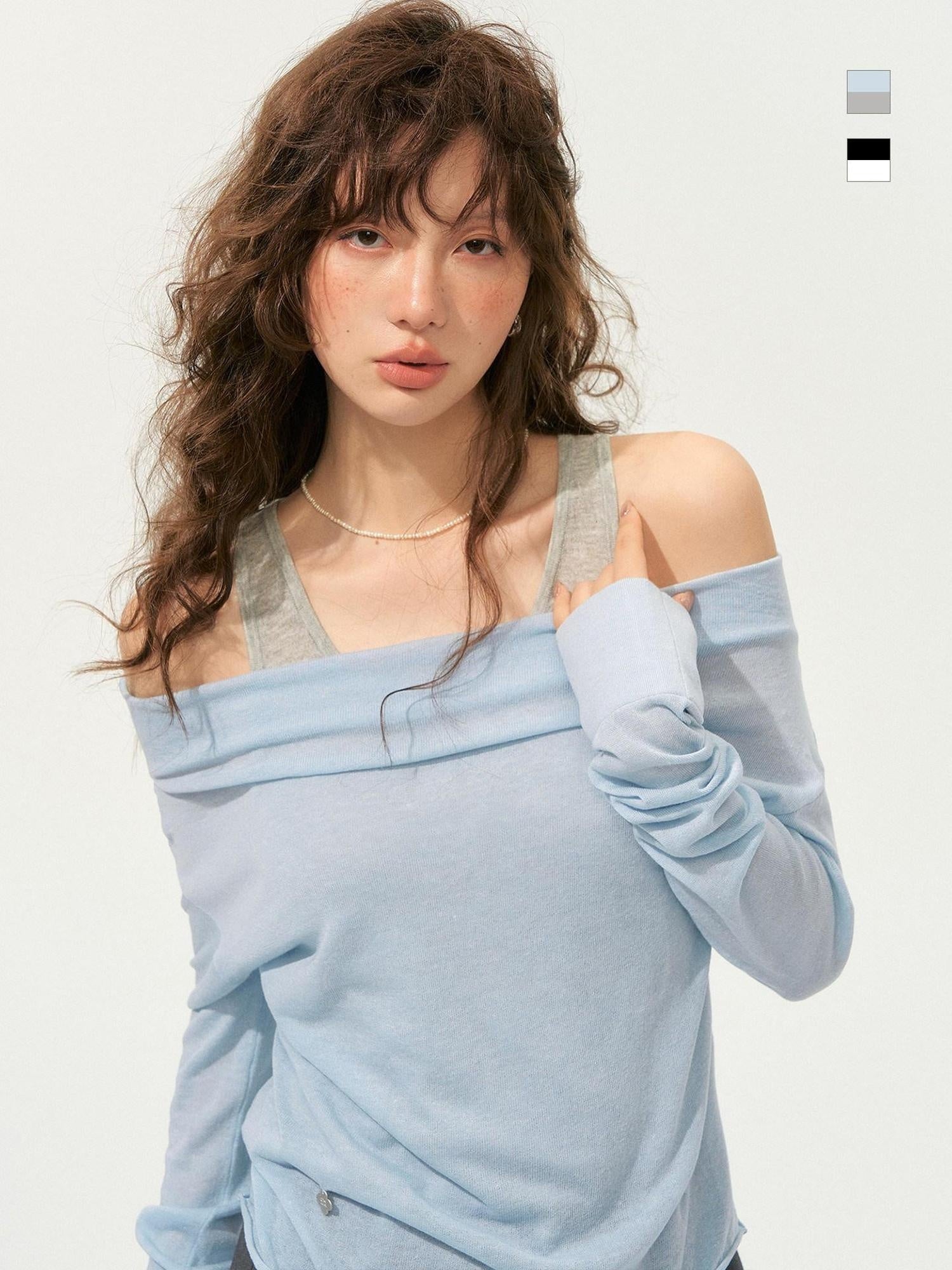 SOMESOWE Cozy Acrylic Blend Faux Layered Slim Fit Crew Neck Women Long Sleeve T-Shirts