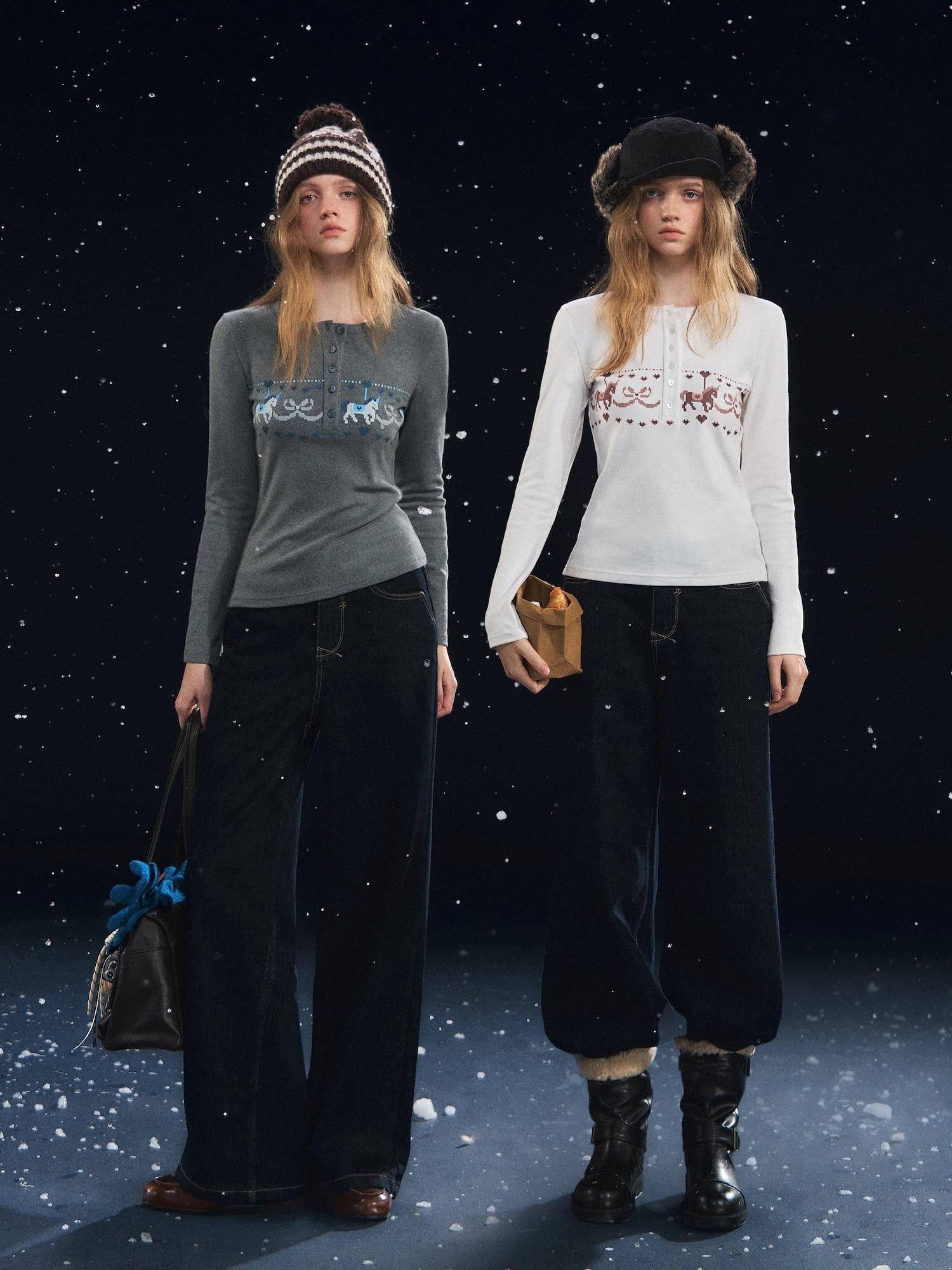 SOMESOWE Cotton Blend Lace Trim Casual Crew Neck Women Cartoon Print Sweaters