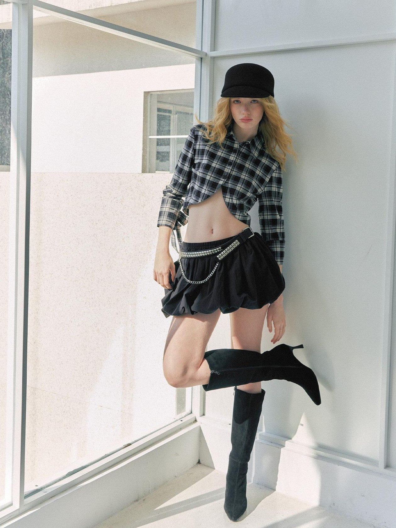 DeleteEx Skin Friendly Breathable Vintage Cropped High Waist Plaid Lapel Bow Blouses