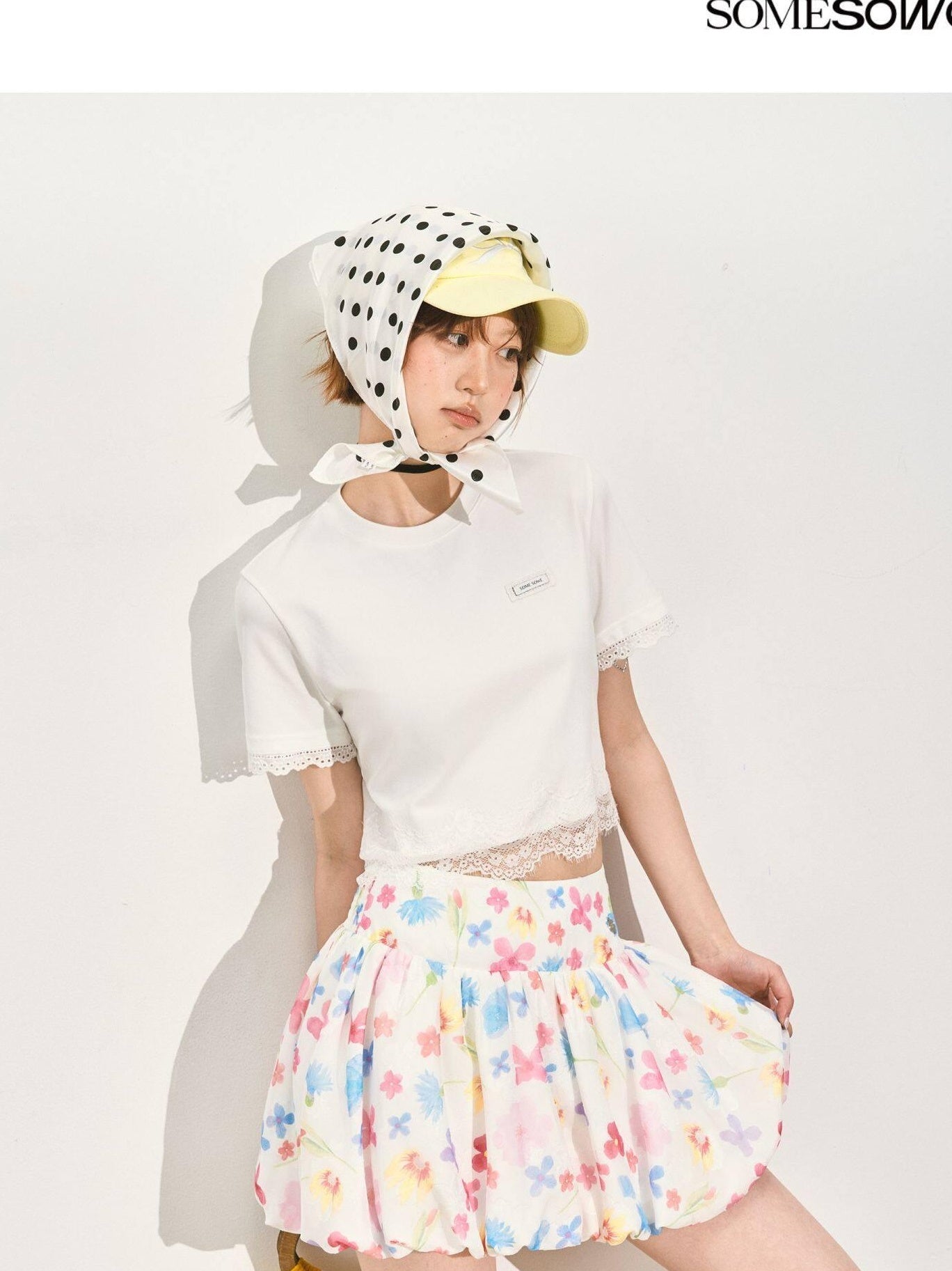 SOMESOWE Pleated A Line Mid Waist Loose Fit Casual Floral Pink Polyester Mini Skirts