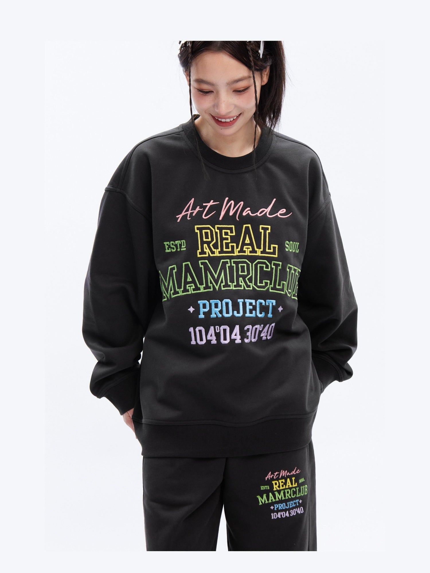 DeleteEx Embroidered Loose Fit Cotton Blend Crew Neck Women Grey Black Top & Pants Sets