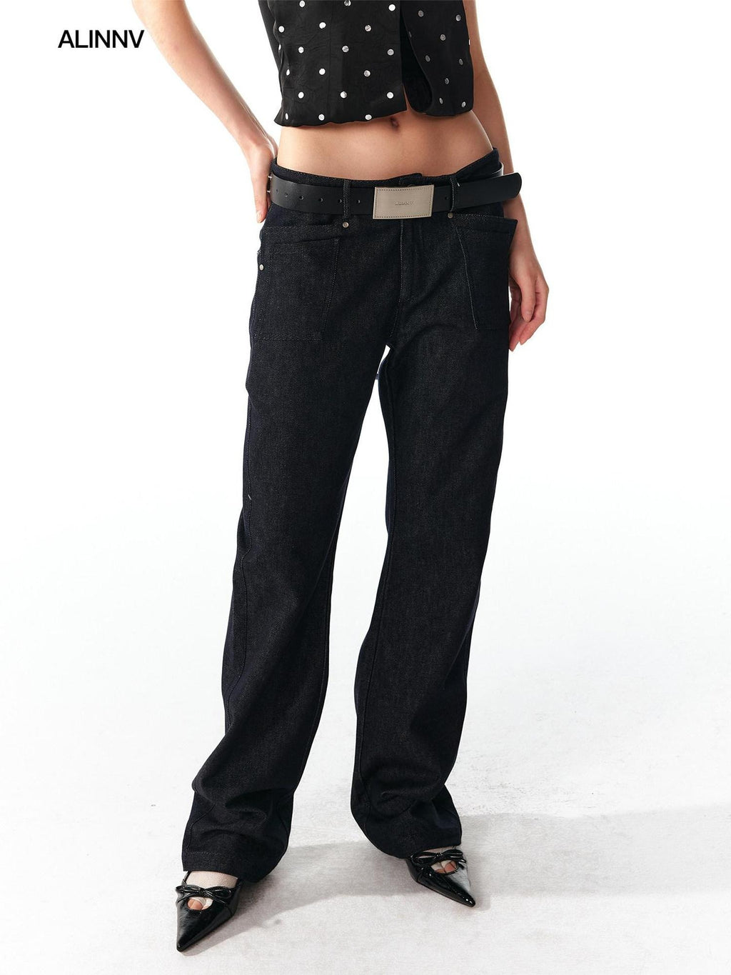 ALINNVSTUDIO Cotton Zip Fly Relaxed Fit Womens Dark Blue Light Blue Straight Leg Jeans