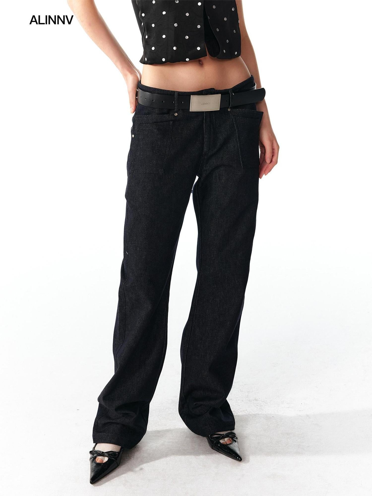 ALINNVSTUDIO Cotton Zip Fly Relaxed Fit Womens Dark Blue Light Blue Straight Leg Jeans