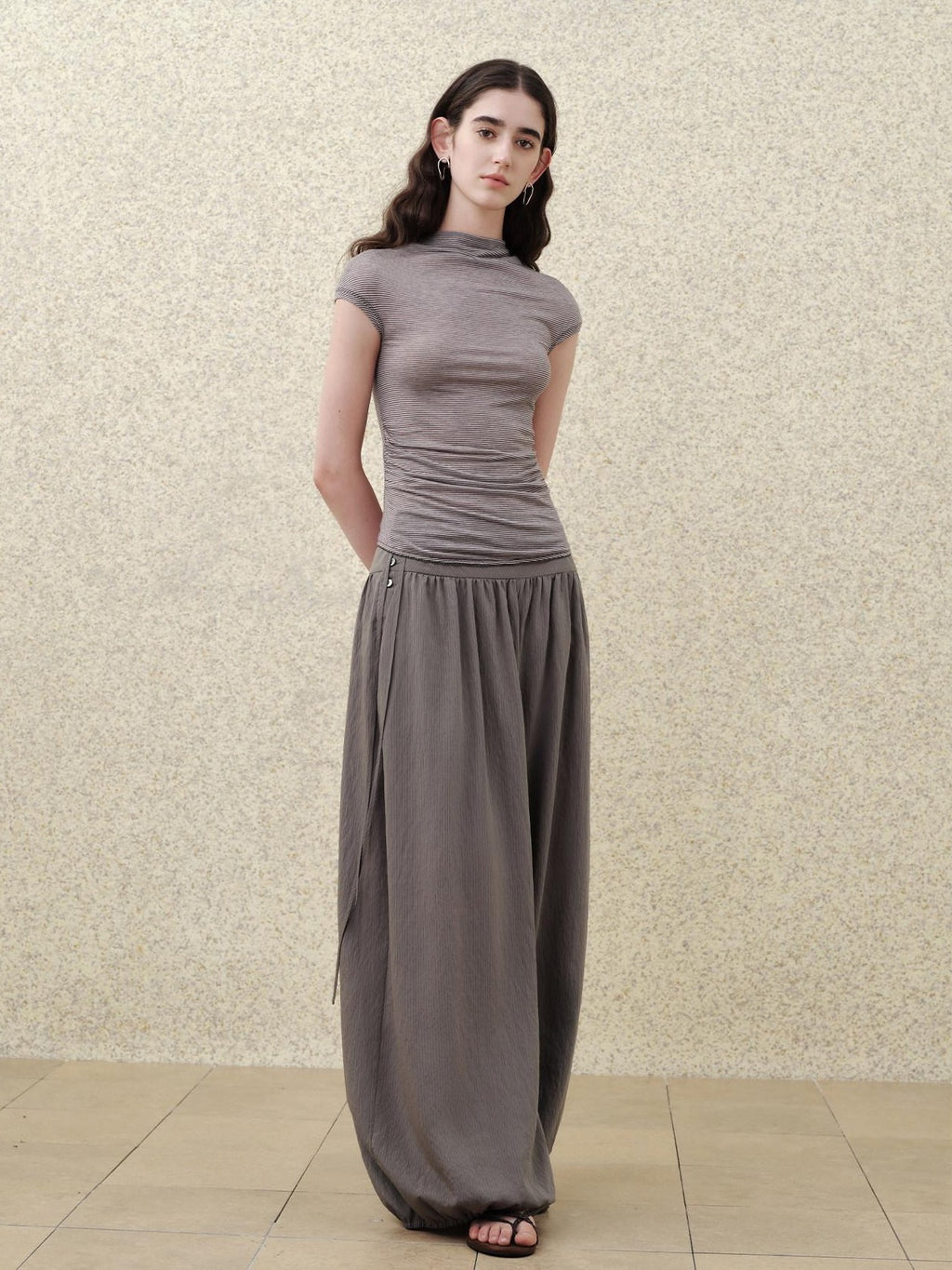 someonesometimes Soft Modal Loose Lantern Natural Waist Button Smoky Grey Wide Leg Pants
