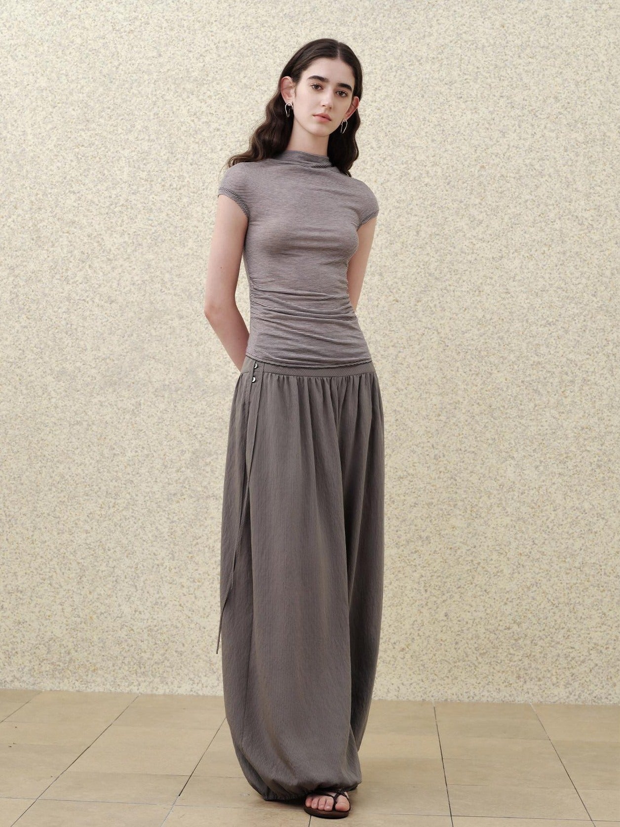 someonesometimes Soft Modal Loose Lantern Natural Waist Button Smoky Grey Wide Leg Pants