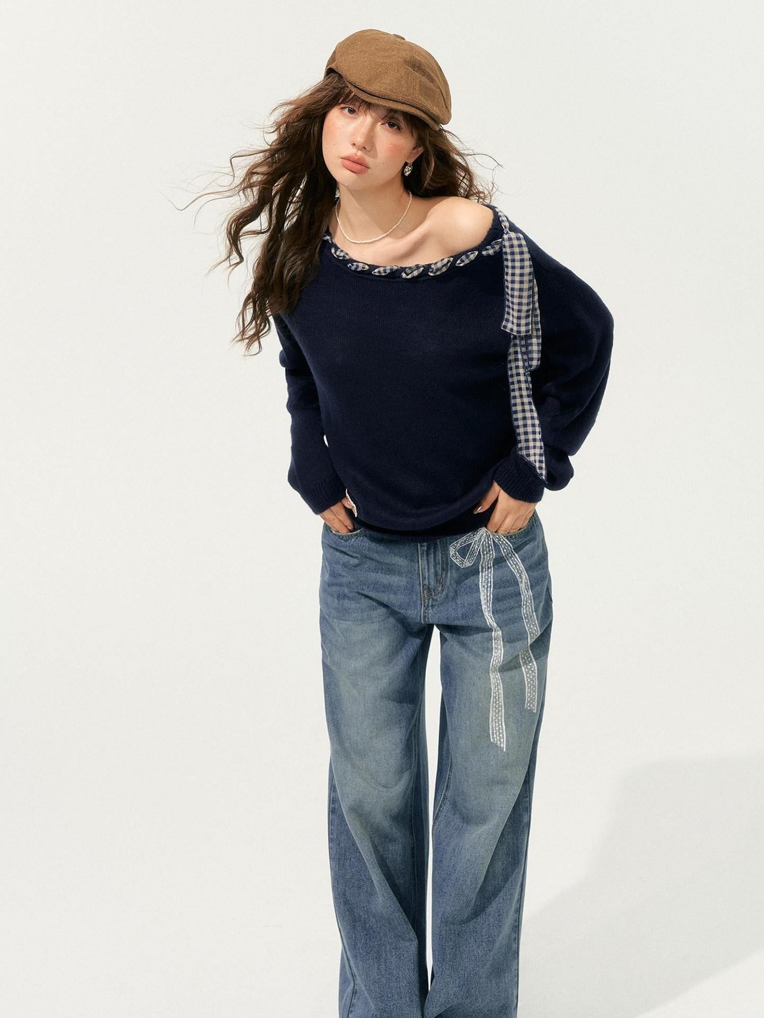 SOMESOWE Acrylic Plaid Drawstring Bow Casual Loose Fit Crew Neck Women Daily Sweaters