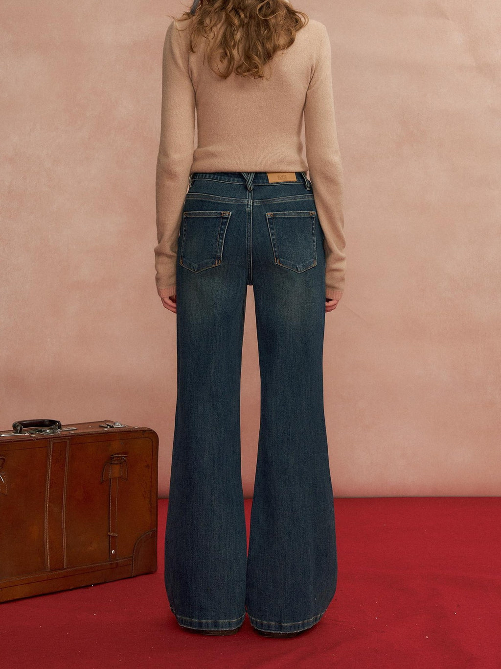 SOMESOWE Pleated High Waist Casual Pockets Slight Flare Stretch Blue Wide Leg Jeans