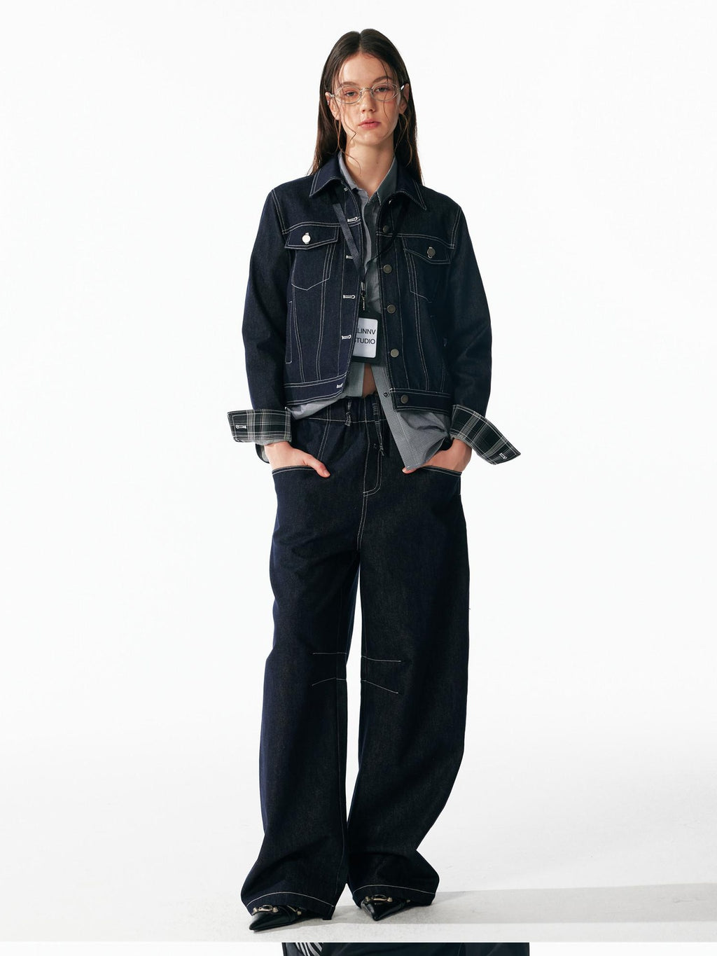 ALINNVSTUDIO Relaxed Fit Cotton Natural Waist Topstitch Deep Indigo Women Wide Leg Jeans