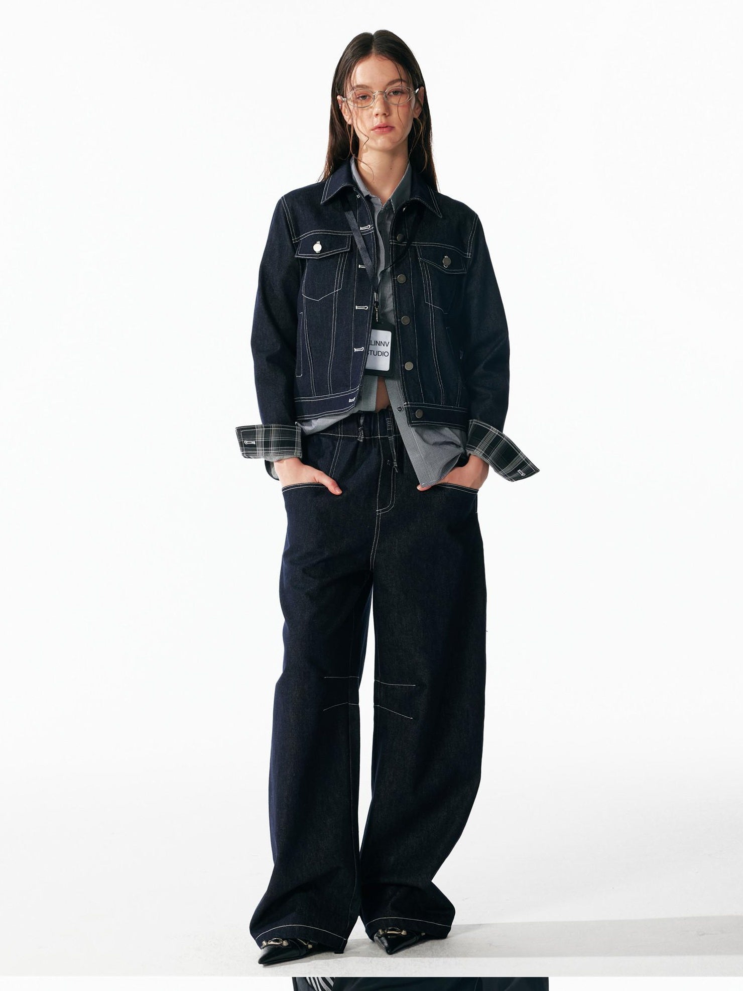 ALINNVSTUDIO Relaxed Fit Cotton Natural Waist Topstitch Deep Indigo Women Wide Leg Jeans