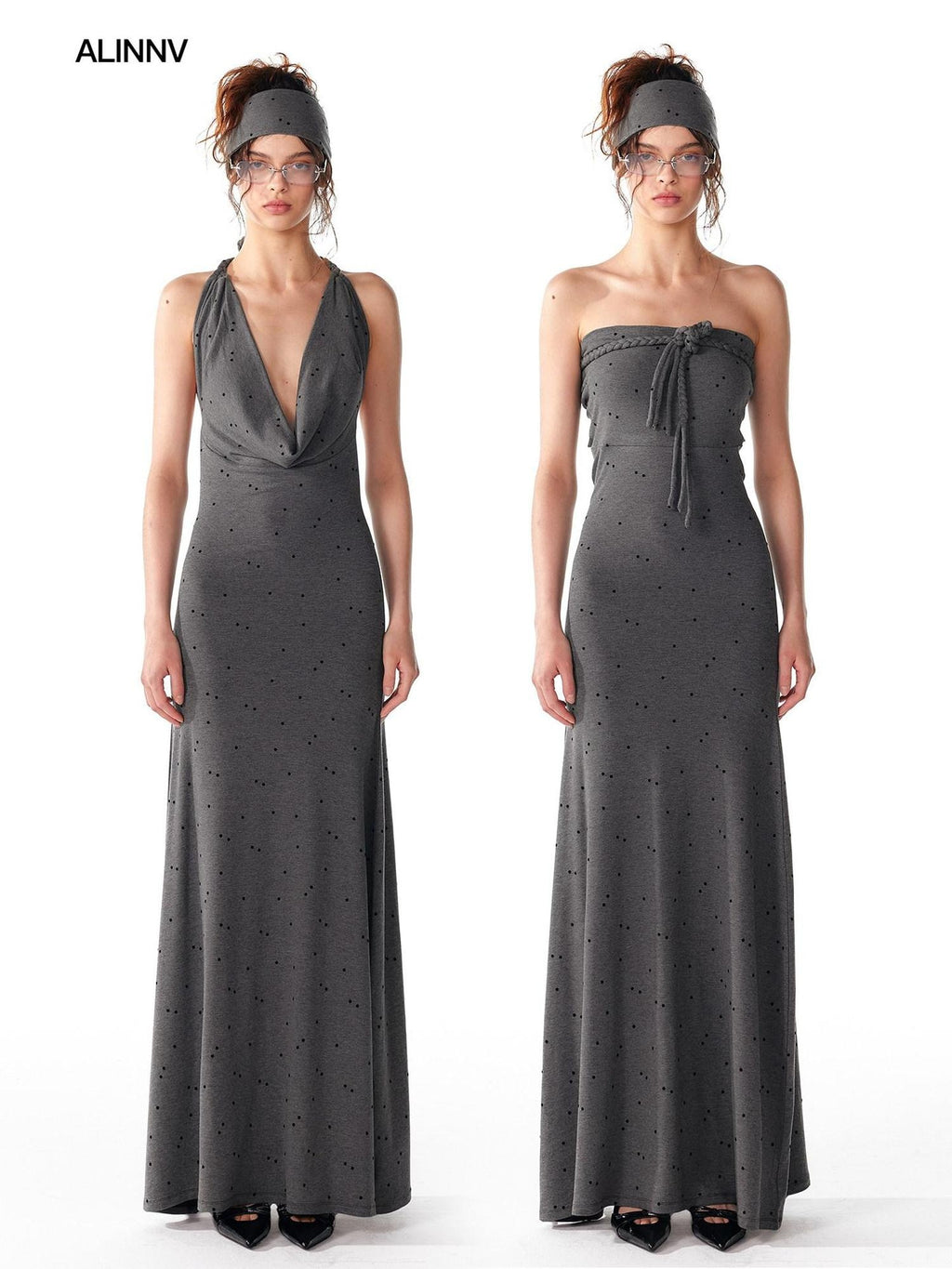 ALINNVSTUDIO Elegant Halter Neck Cinched Waist Modal Sleeveless Solid Black Grey Maxi Dresses