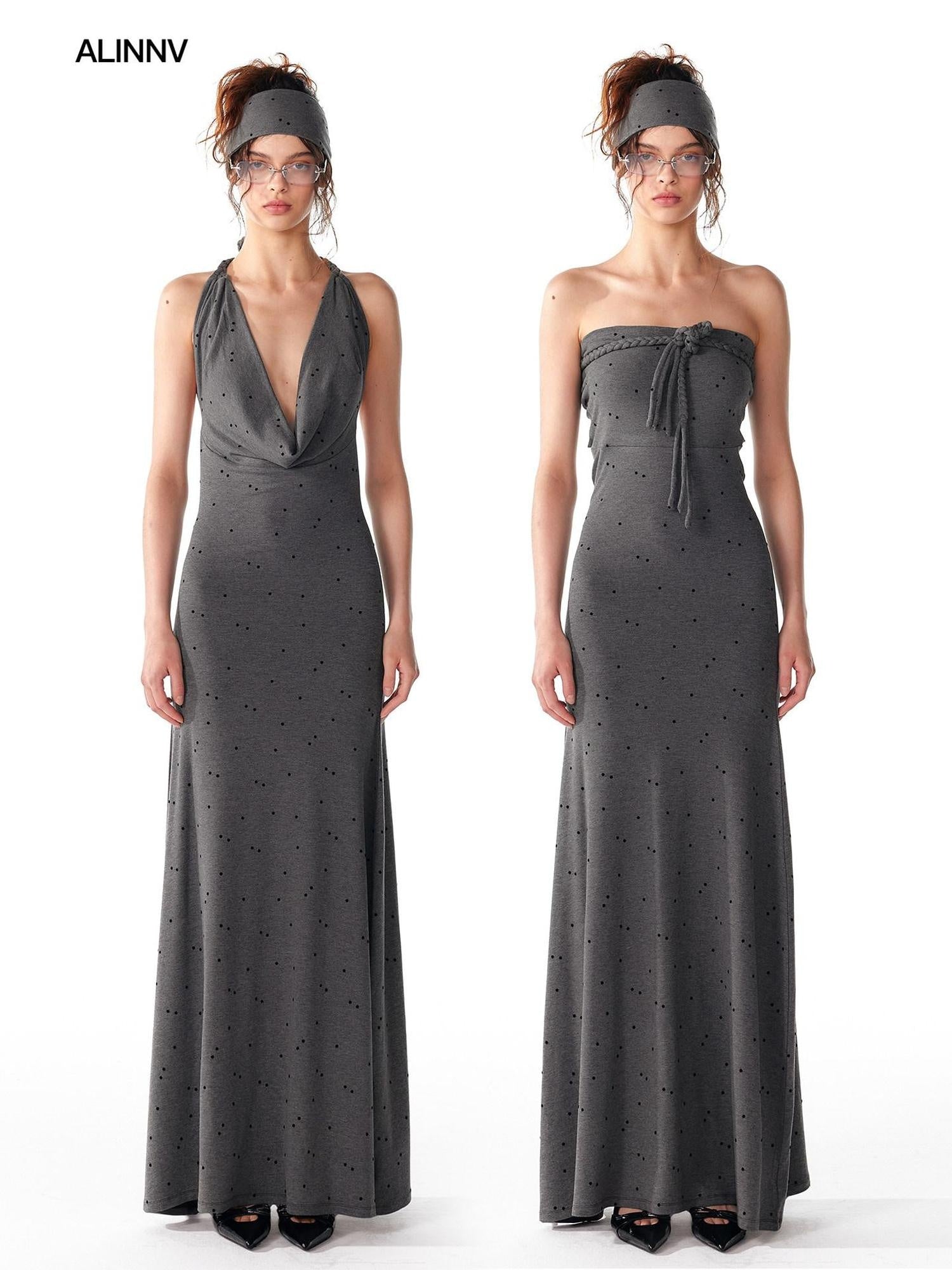 ALINNVSTUDIO Elegant Halter Neck Cinched Waist Modal Sleeveless Solid Black Grey Maxi Dresses