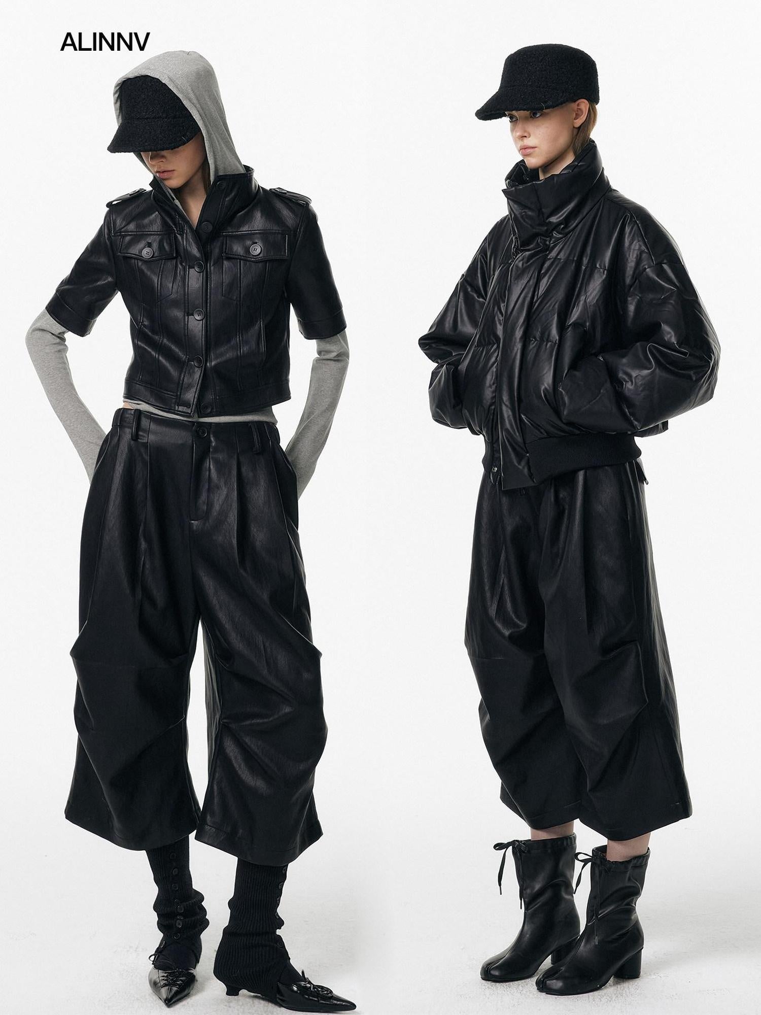 ALINNVSTUDIO Pu Pleated Low Waist Button Fly Irregular Fold Casual Women Black Wide Leg Pants