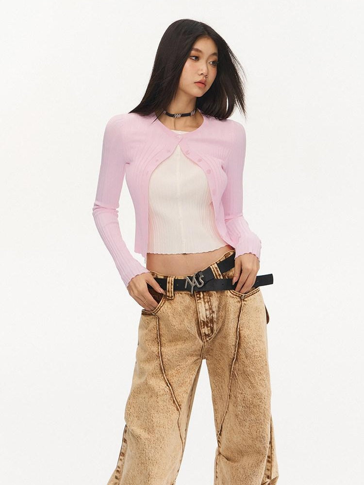 NAWSNOTAWEAR Slim Fit Colorblock Button Cardigan Faux Two Piece Women Long Sleeve Crop Tops