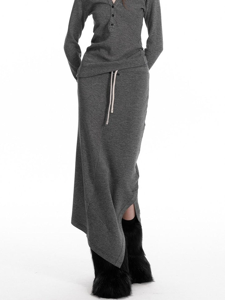 ALINNVSTUDIO Cozy Hooded Long Sleeve Button Front Curved Hem Youth Gray Top & Skirt Sets