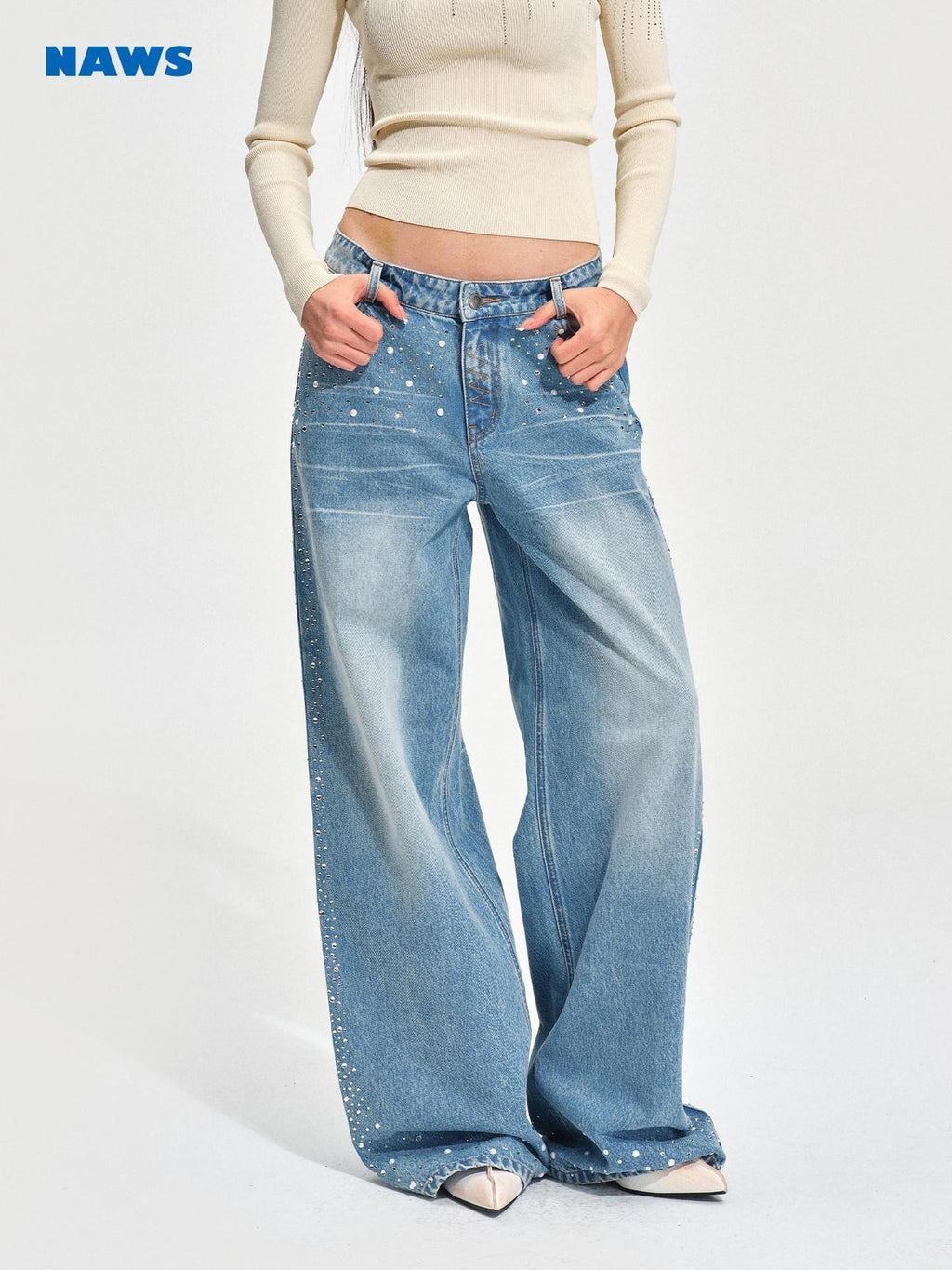 NAWSNOTAWEAR Rhinestone Embellished Vintage Low Waist Glacier Blue Wide Leg Jeans
