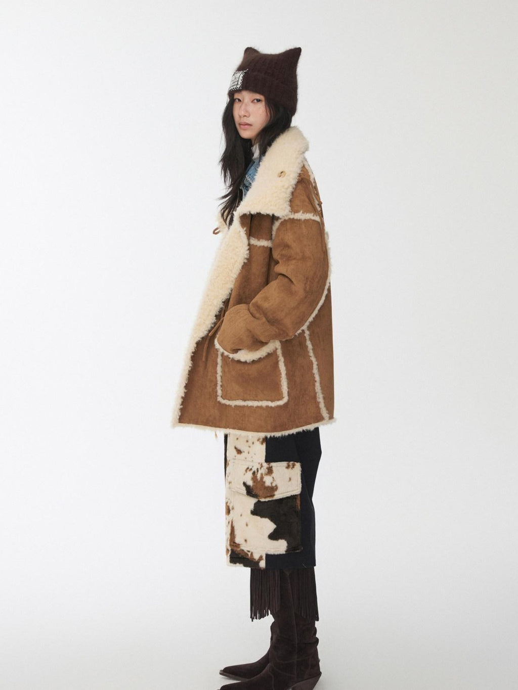 1JINN STUDIO Reversible Vintage Stand Collar Short Button Womens Chic Faux Fur Coats