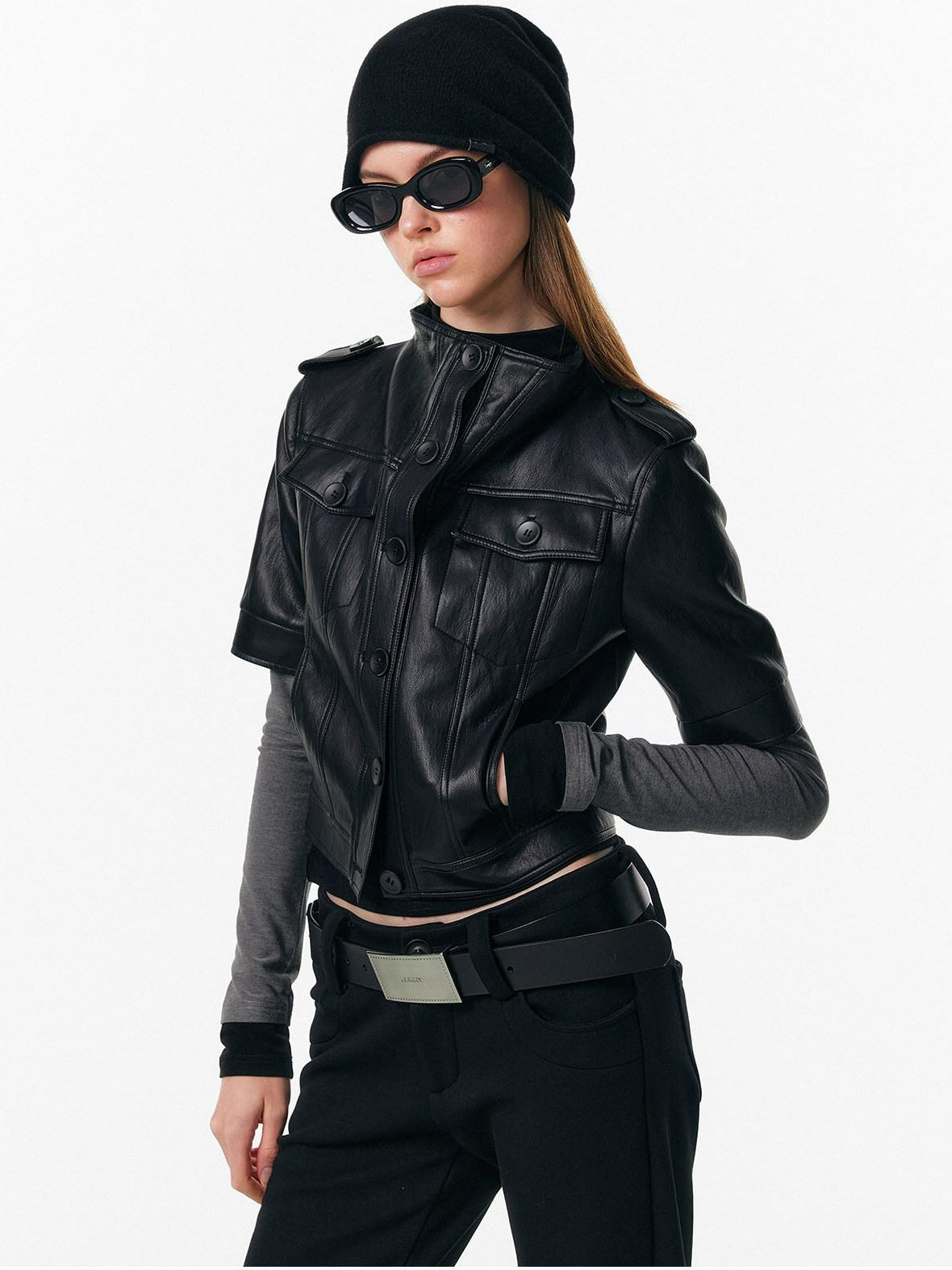 ALINNVSTUDIO Sleek Pu Slim Fit Cropped Short Sleeve Stand Collar Women Leather Jackets