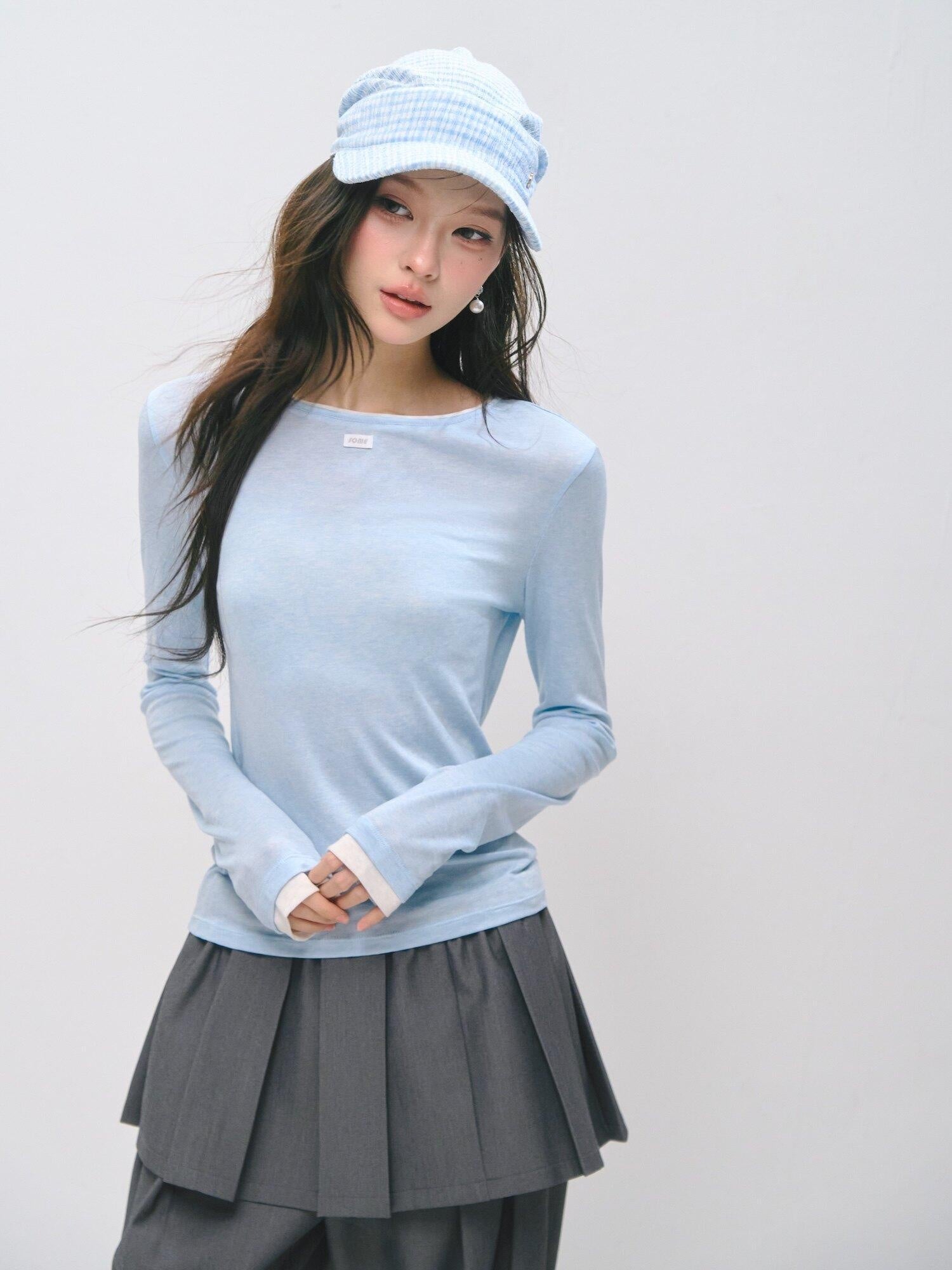 SOMESOWE Cotton Creative Print Mock Layer Relaxed Casual Women Long Sleeve T-Shirts