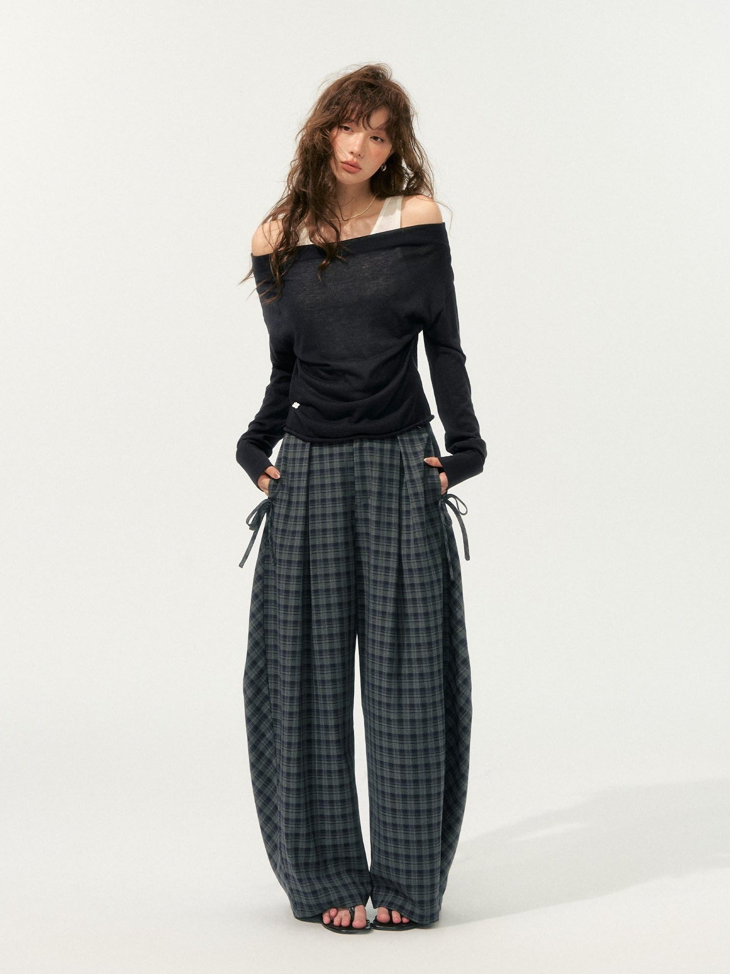 SOMESOWE Plaid Pocket Loose Fit Natural Waist Button Grey Casual Women Wide Leg Pants