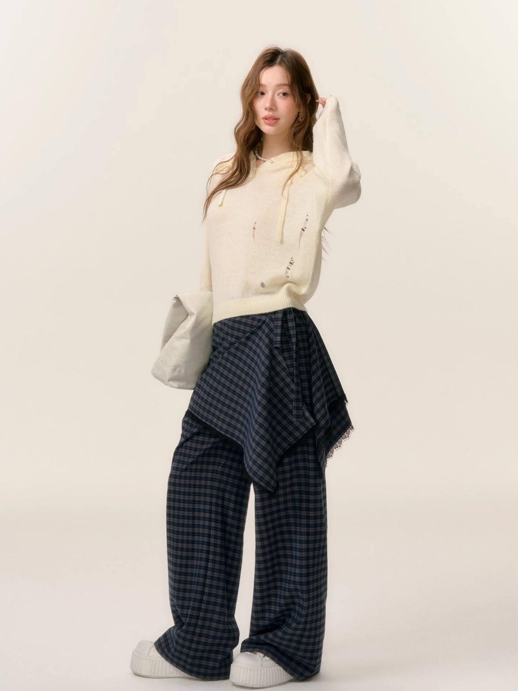 SOMESOWE Oversized Crochet Tie Street Loose Fit Women Grey Long Sleeve T-Shirts