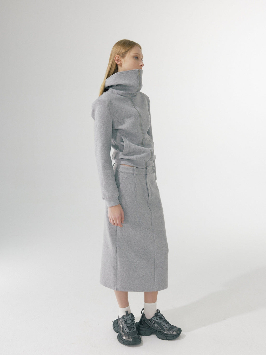 BUZHOU Zip Stand Collar Long Sleeve Stretch Cotton Commuter Grey Women Top & Skirt Sets