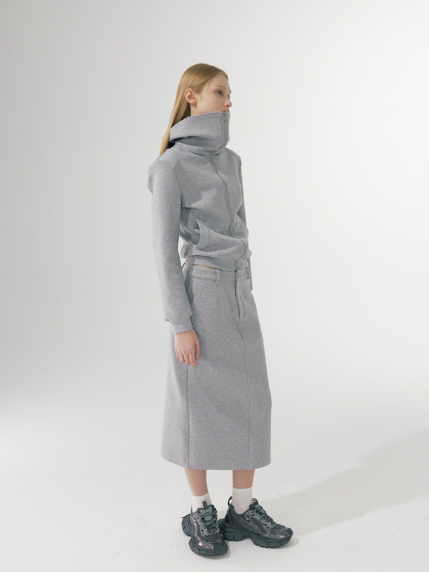 BUZHOU Zip Stand Collar Long Sleeve Stretch Cotton Commuter Grey Women Top & Skirt Sets
