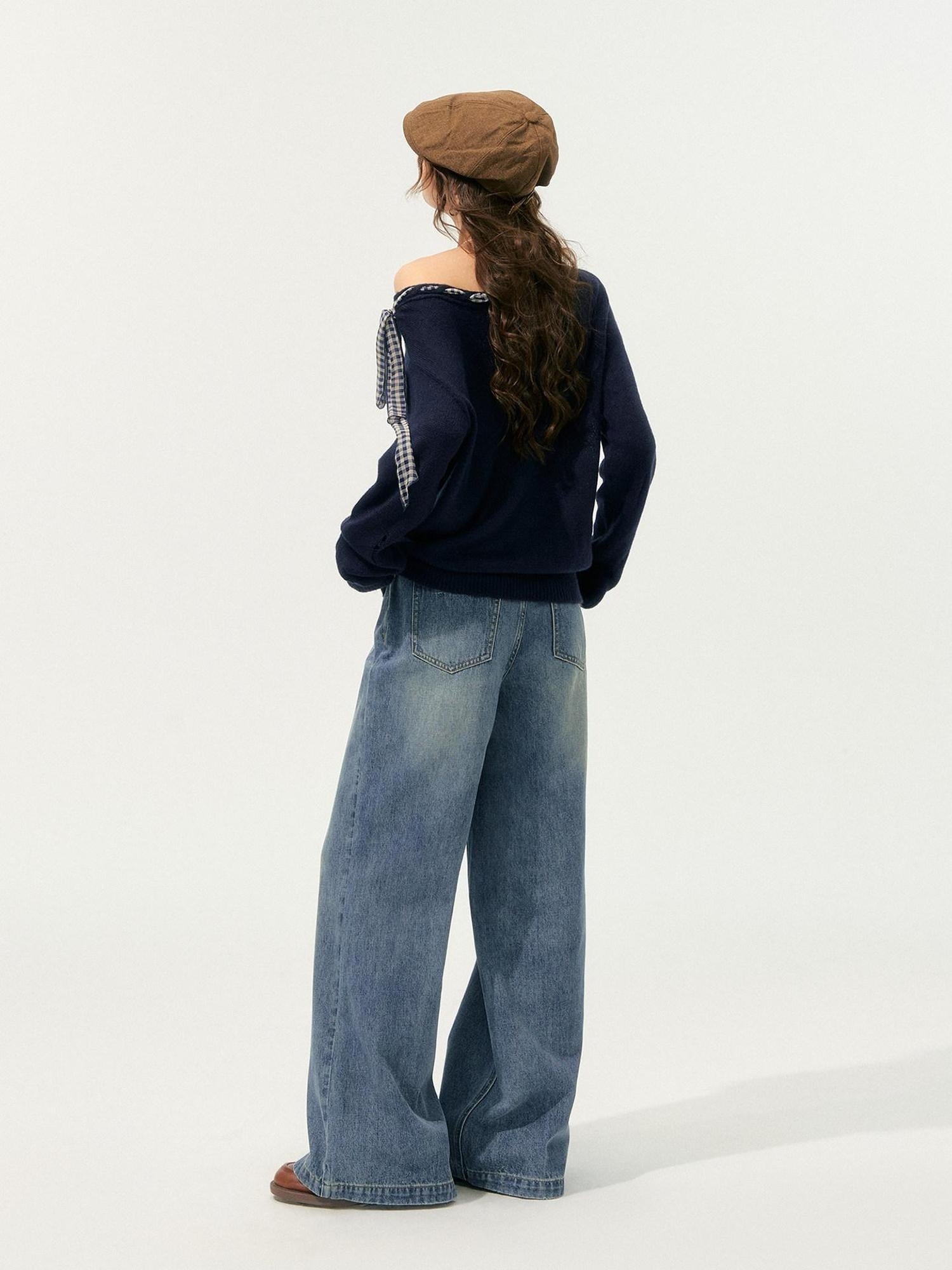 SOMESOWE Slight Stretch Cotton Natural Waist Hot Girl Straight Blue Button Wide Leg Jeans