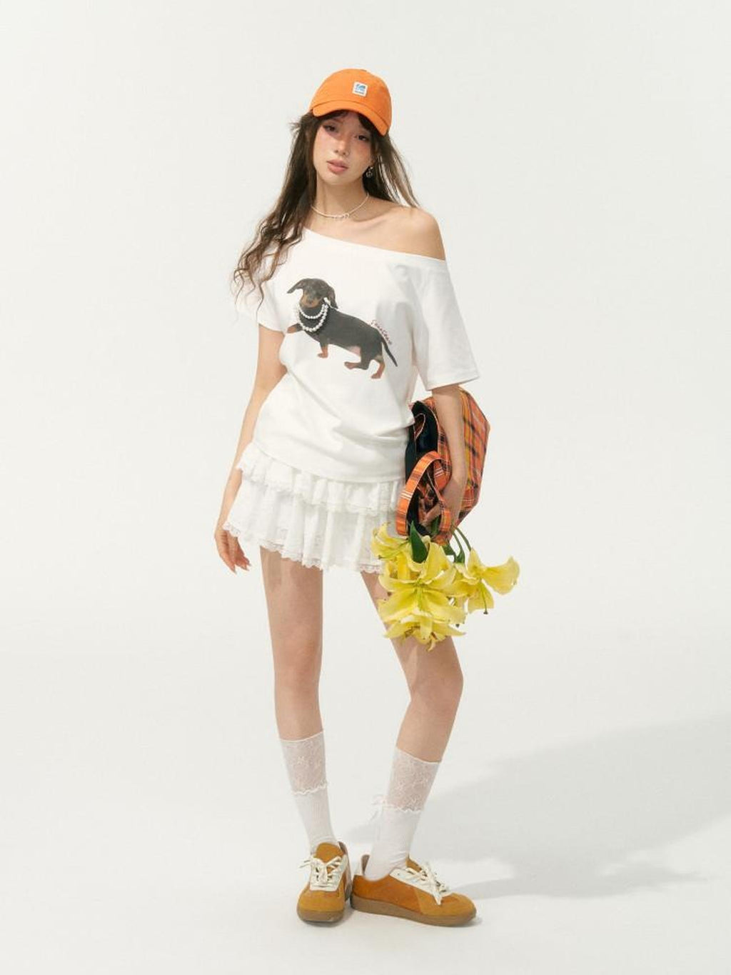 SOMESOWE Stretch Cotton Oversized Asymmetric Neck Animal Embroidered Short Sleeve T-Shirts