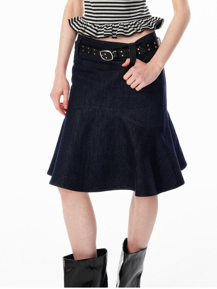 ALINNVSTUDIO Lined Wide Waistband Fishtail Mermaid Back Zipper Women Black Denim Midi Skirts