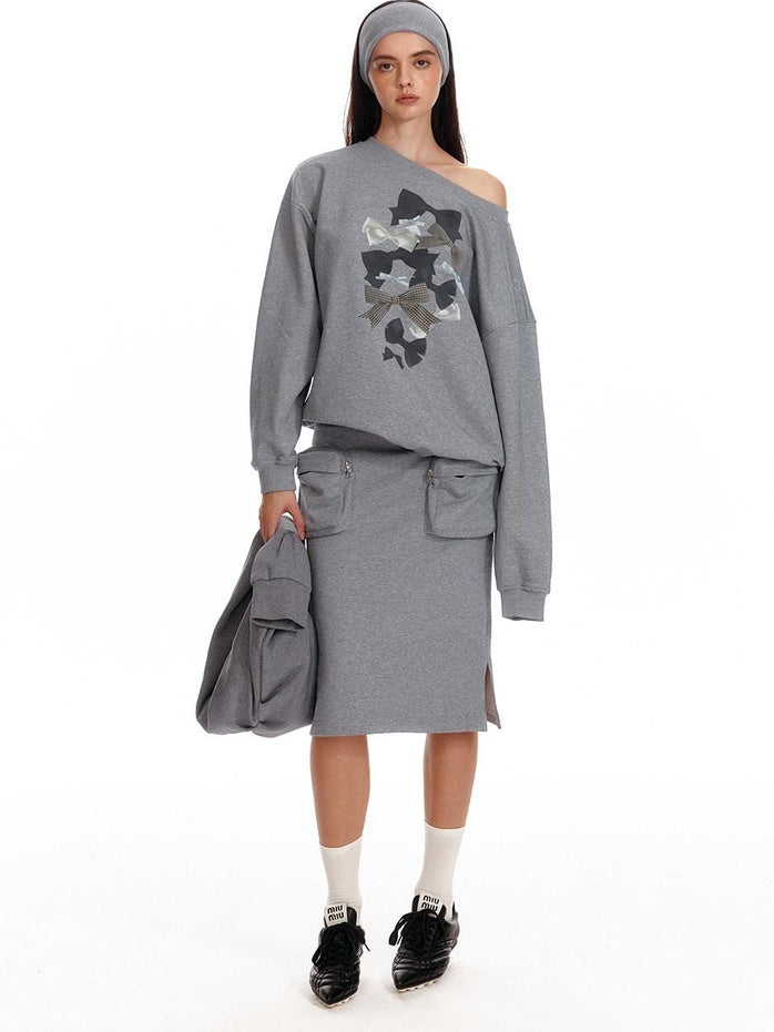 ALINNVSTUDIO Bow Accent Loose Fit Office Round Neck Women White And Gray Sweatshirt