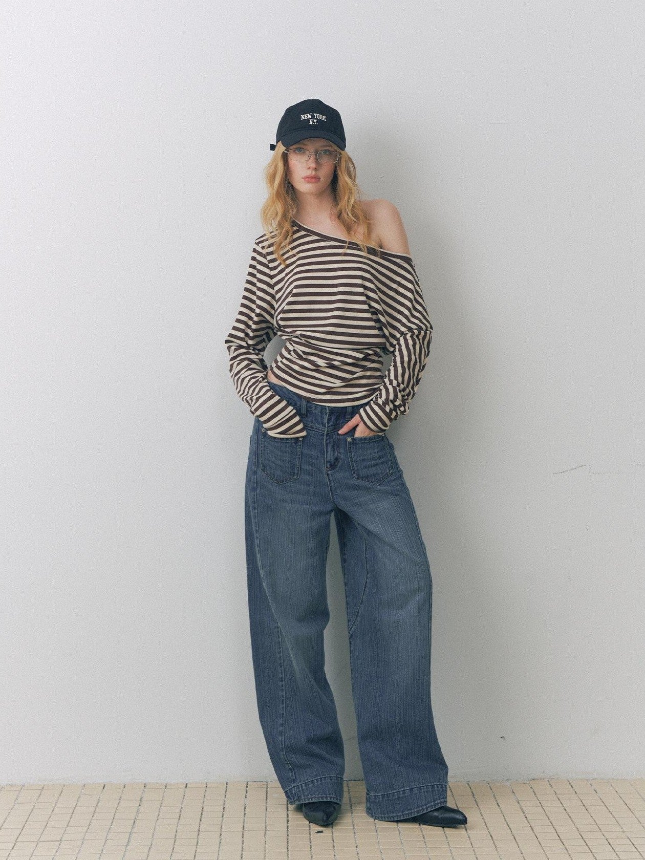 DeleteEx Ruched Asymmetric Off Shoulder Loose Casual Striped Womens Long Sleeve Crop Tops