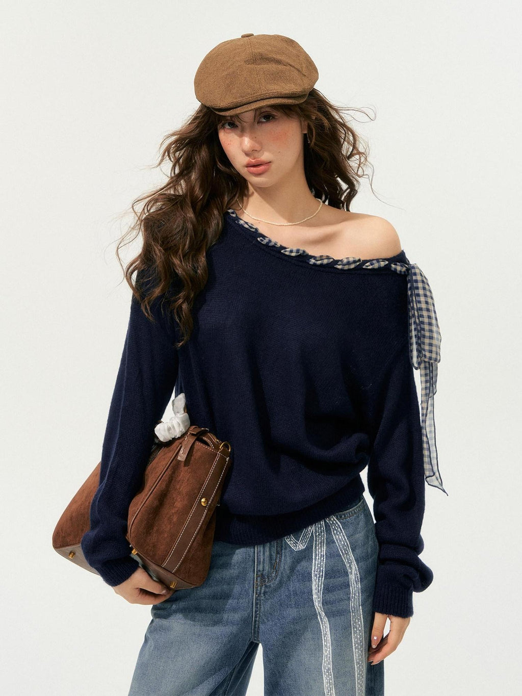SOMESOWE Acrylic Plaid Drawstring Bow Casual Loose Fit Crew Neck Women Daily Sweaters