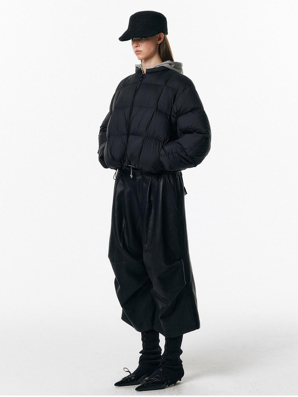 ALINNVSTUDIO Pu Pleated Low Waist Button Fly Irregular Fold Casual Women Black Wide Leg Pants