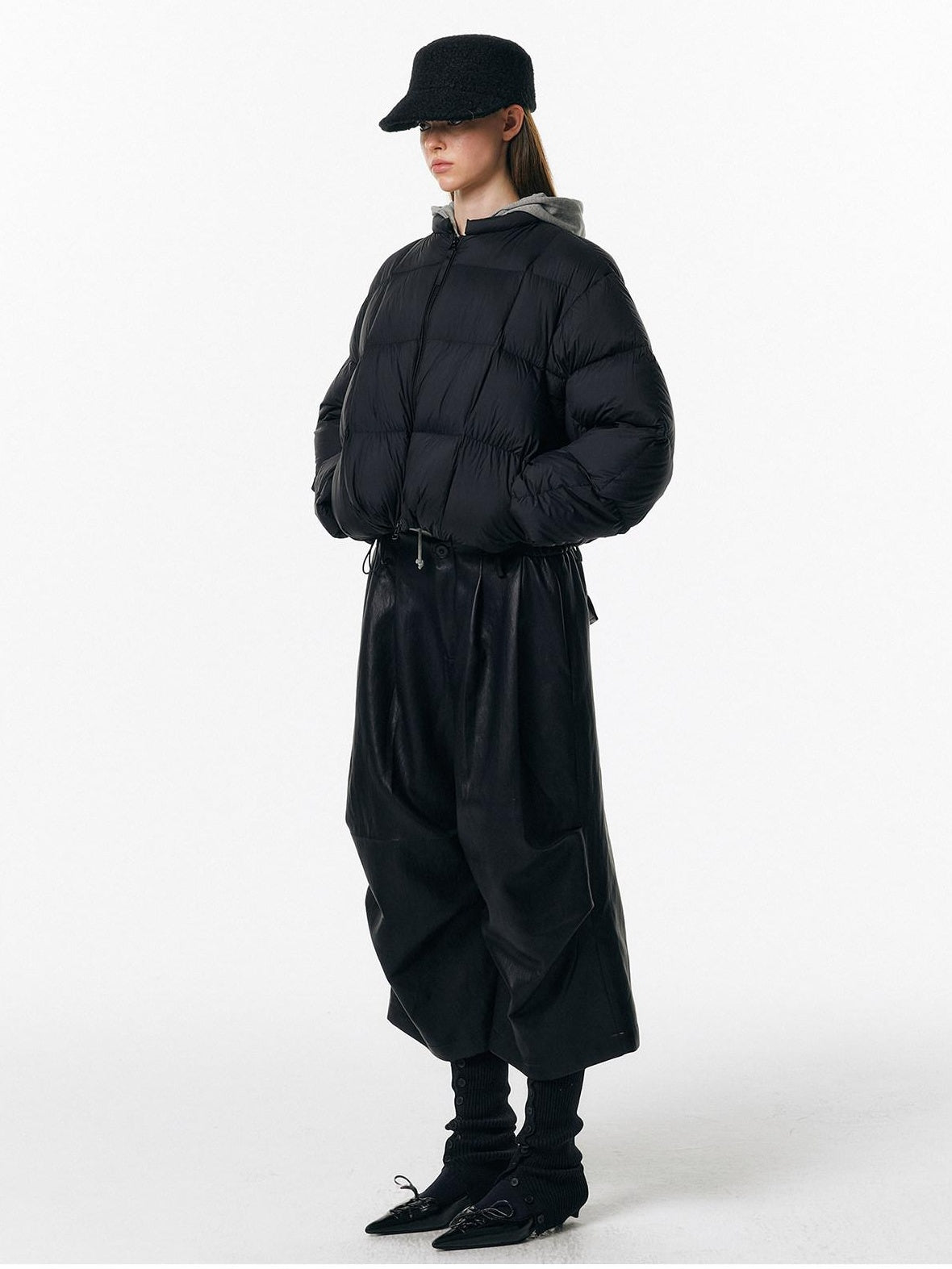 ALINNVSTUDIO Pu Pleated Low Waist Button Fly Irregular Fold Casual Women Black Wide Leg Pants