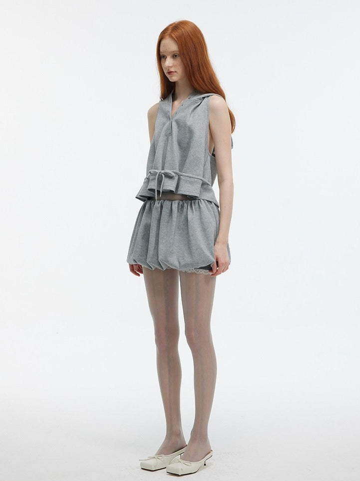 ALINNVSTUDIO Sweet Bubble Hem Mid Rise Solid Color Casual Everyday Mini Shorts