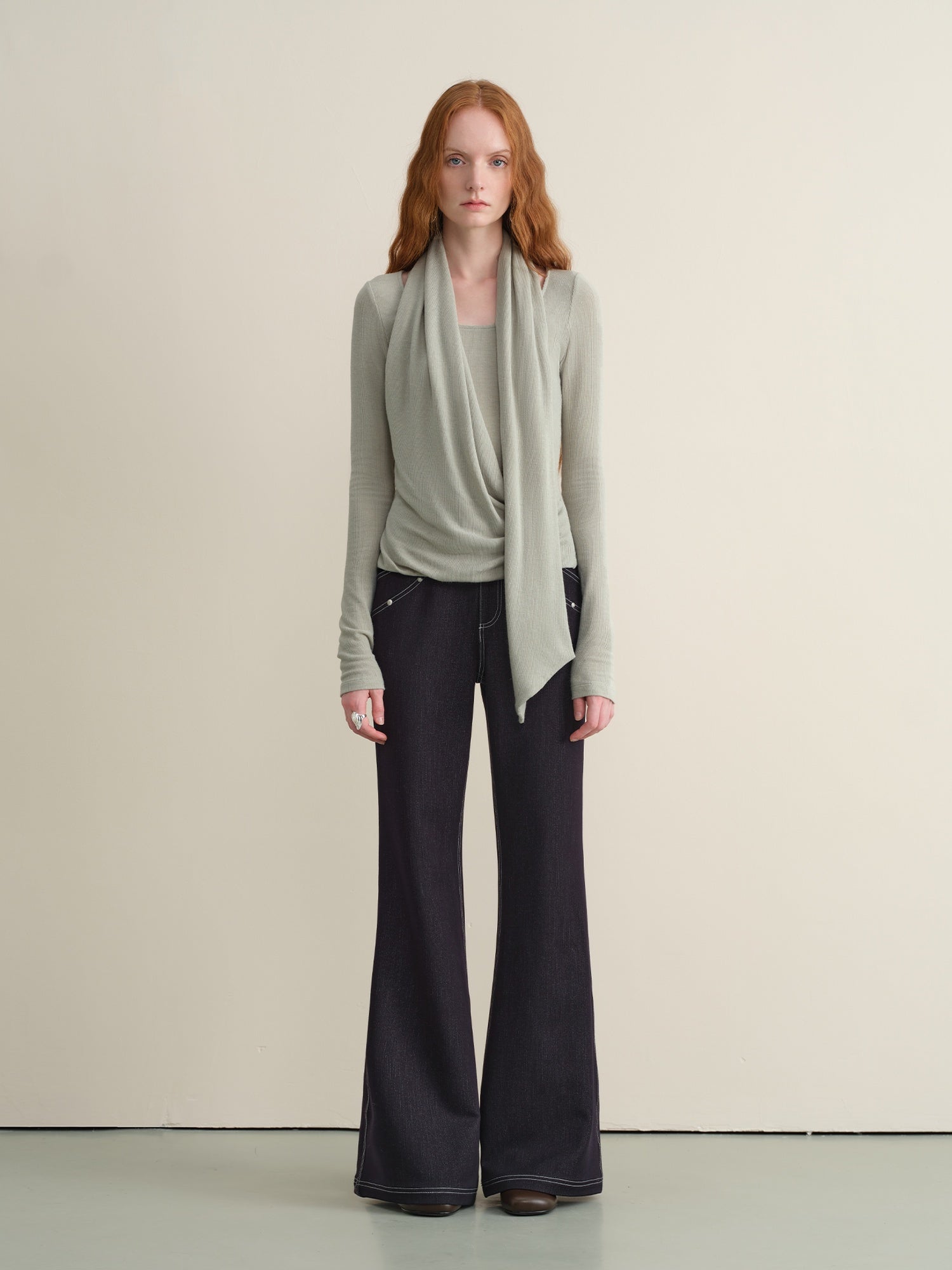 someonesometimes Stretch Minimal Natural Waist Topstitch Detail Women Midnight Blue Flared Jeans