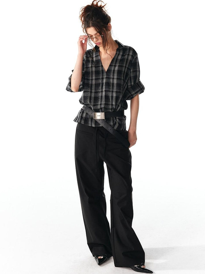 ALINNVSTUDIO Soft Lyocell Cupro Blend Oversized V-neck Button Front Plaid Casual Shirts