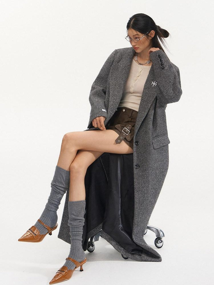 NAWSNOTAWEAR Herringbone Wool Blend Loose Fit Blazer Collar Women Single Breasted Wool Coats