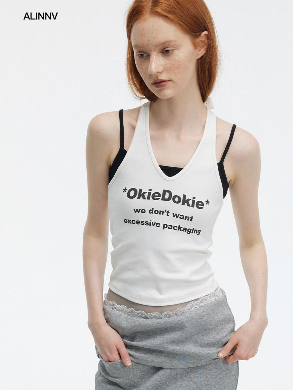 ALINNVSTUDIO Original Cropped Letter Print Spaghetti Strap Women White Grey Camisoles