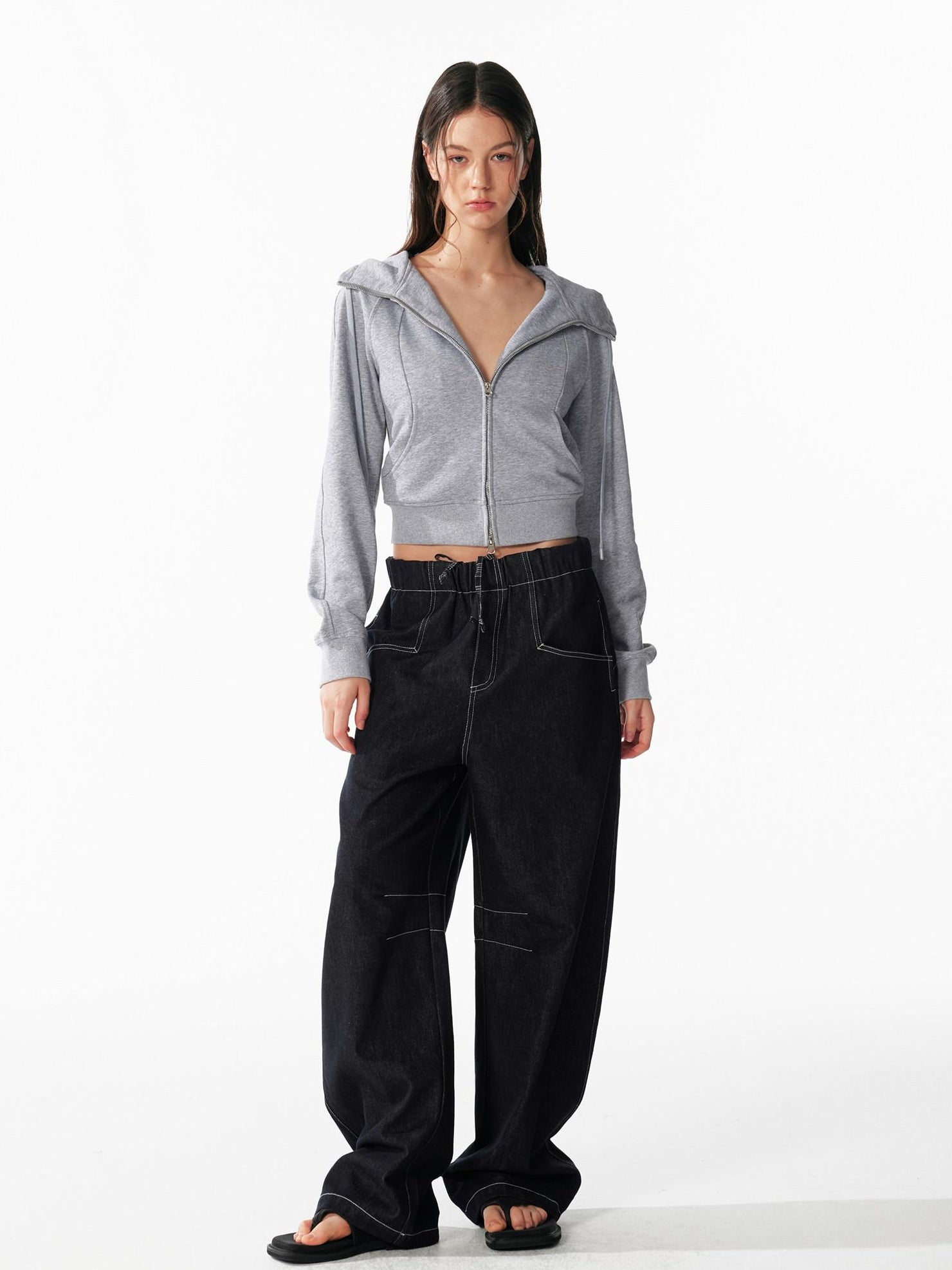 ALINNVSTUDIO Relaxed Fit Cotton Natural Waist Topstitch Deep Indigo Women Wide Leg Jeans