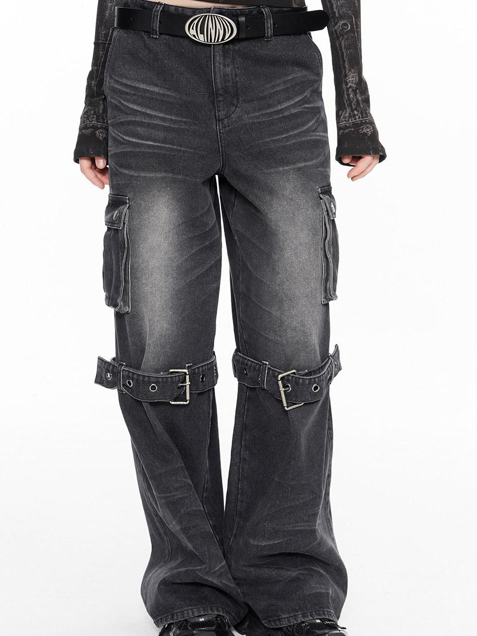 ALINNVSTUDIO Comfort Low Rise Grey Stretch Cotton Denim Classic Straight Leg Jeans