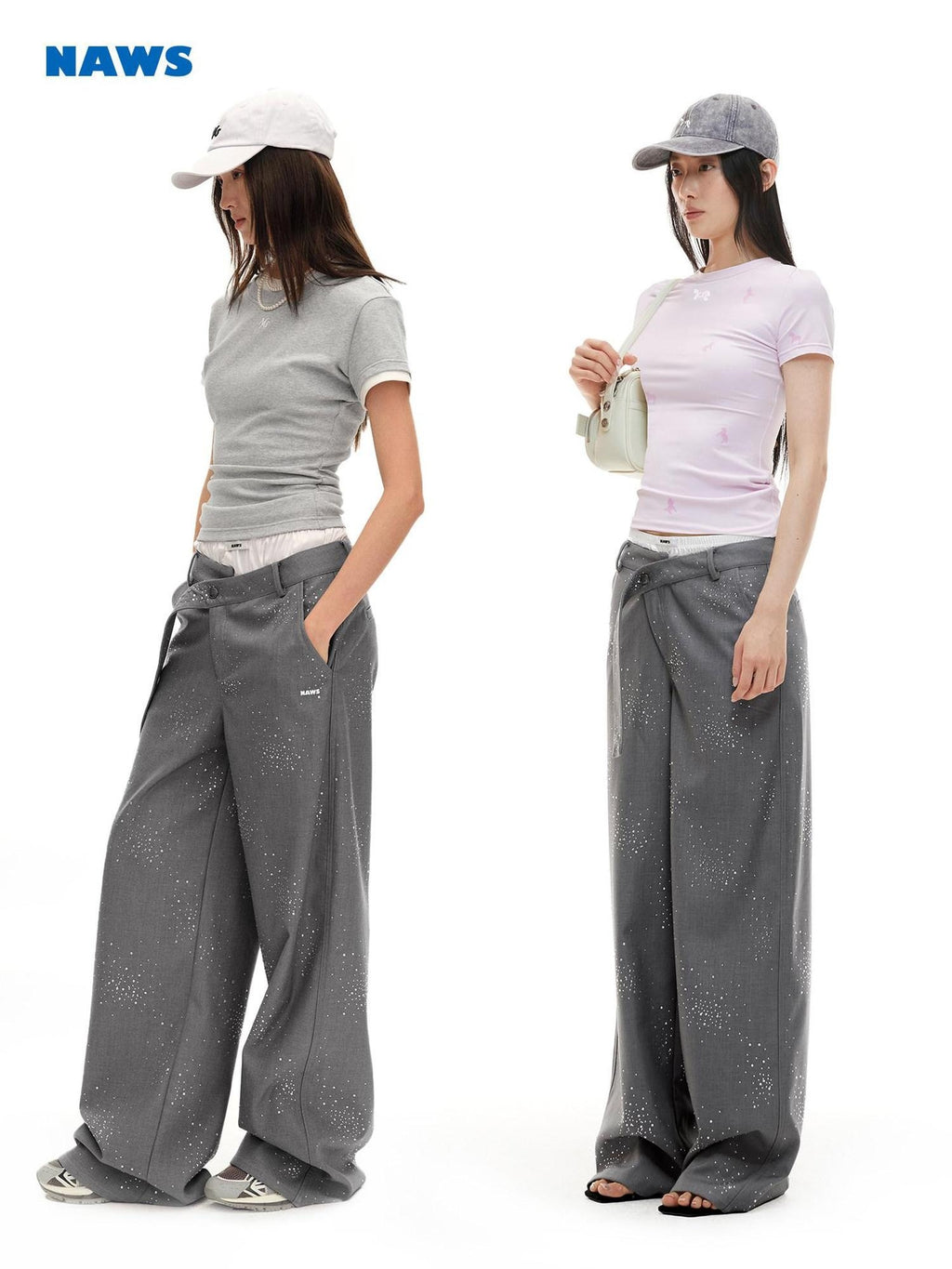 NAWSNOTAWEAR Rhinestone Low Rise Relaxed Women Button Closure Mist Gray Wide Leg Pants