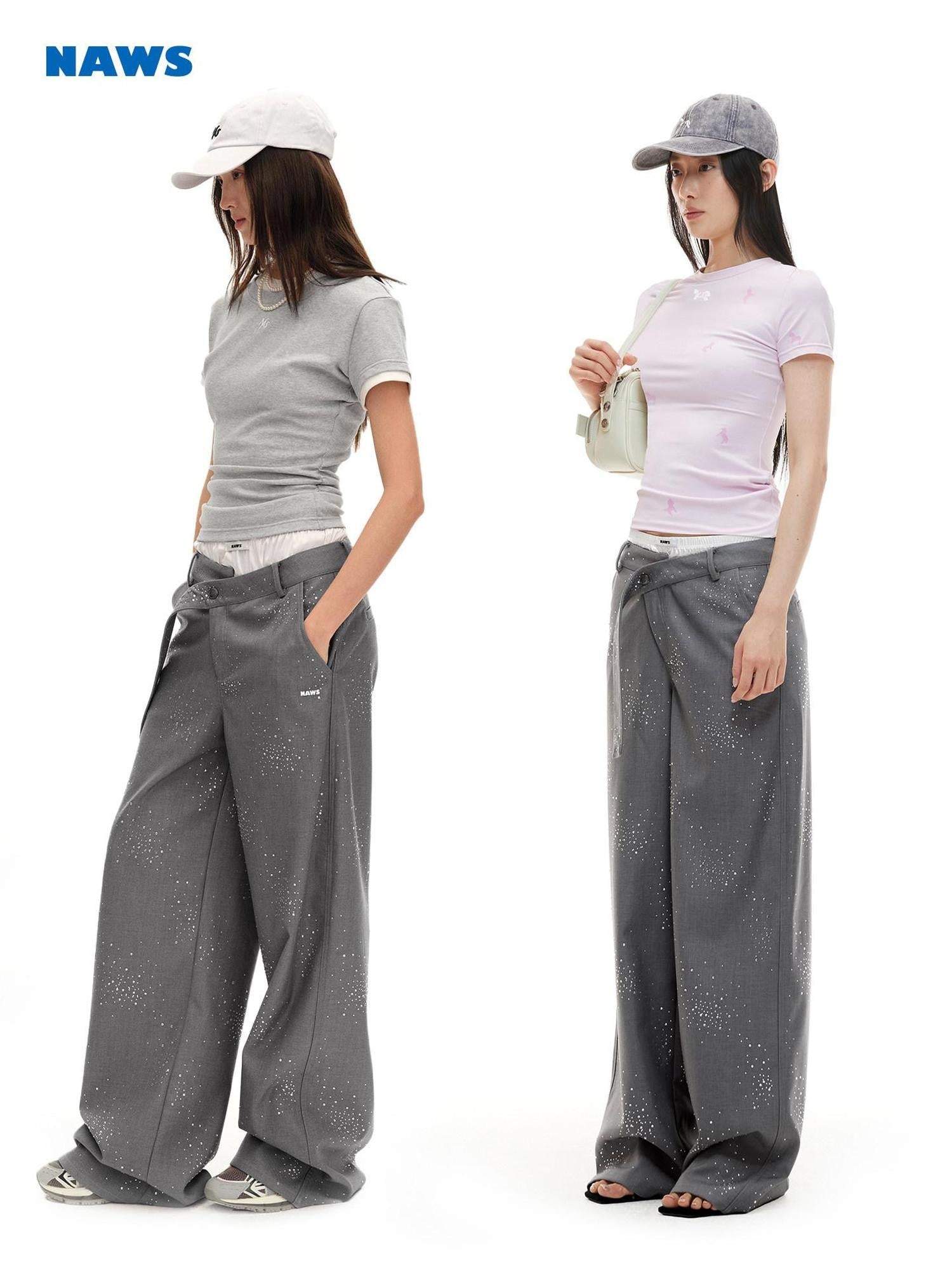 NAWSNOTAWEAR Rhinestone Low Rise Relaxed Women Button Closure Mist Gray Wide Leg Pants