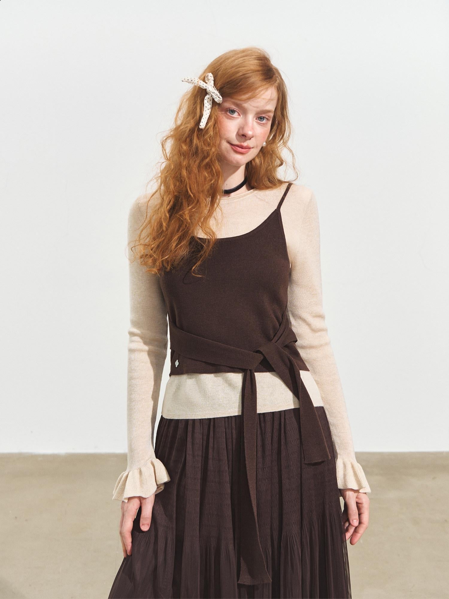 SOMESOWE Faux Layered Contrast Casual Fit Women Tie Front Knit Cardigan Sweaters