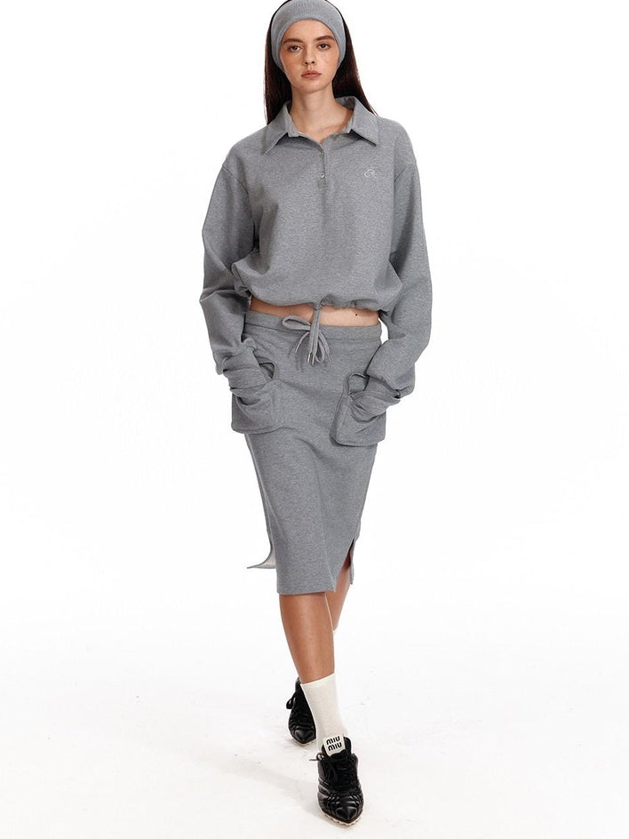 ALINNVSTUDIO Cropped Loose Fit Polo Collar Long Sleeve Commuter Solid Color Sweatshirt