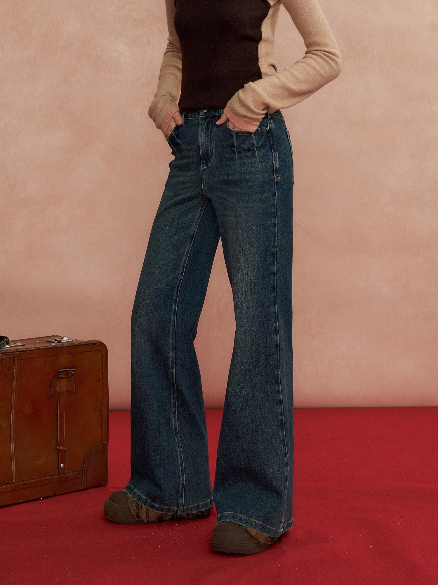 SOMESOWE Pleated High Waist Casual Pockets Slight Flare Stretch Blue Wide Leg Jeans