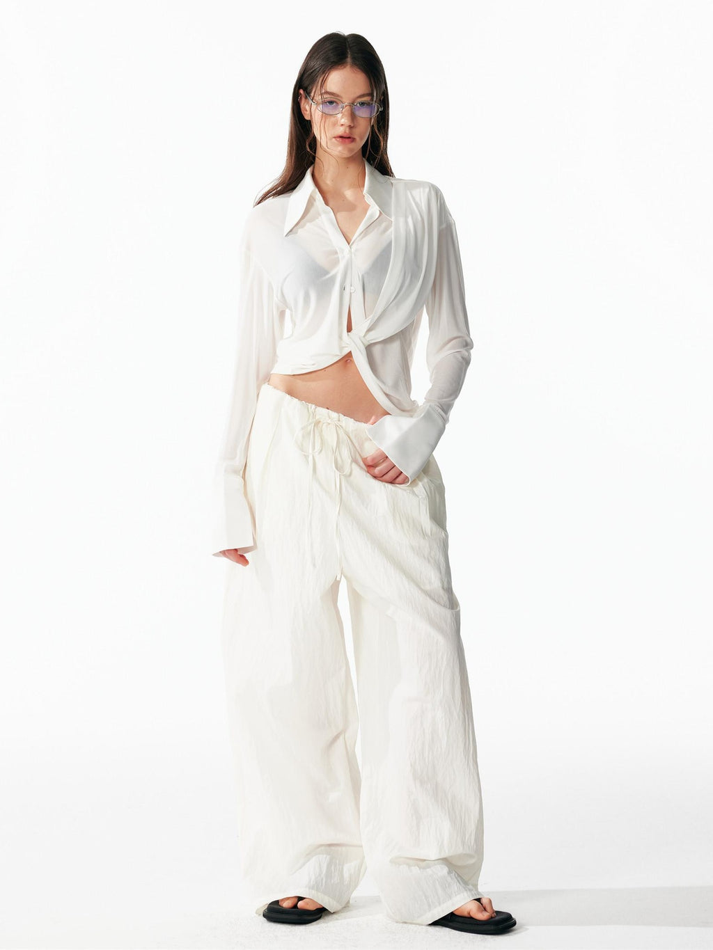 ALINNVSTUDIO Cooling Lightweight Breathable Asymmetric V-neck Slim Fit Open Front Women Blouses